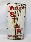 A VINTAGE "WILLS STAR CIGARETTES" ENAMEL ADVERTISING SIGN - WHITE GROUND RED LETTERING - W 46CM.