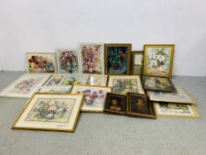 A GROUP OF TWENTY FRAMED PRINTS AND PICTURES TO INCLUDE MANY STILL LIFE STUDIES BEARING SIGNATURE R.