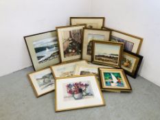 A GROUP OF NINE FRAMED AMATEUR WATERCOLOURS TO INCLUDE STILL LIFE AND VILLAGE STUDIES R.H.