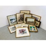 A GROUP OF NINE FRAMED AMATEUR WATERCOLOURS TO INCLUDE STILL LIFE AND VILLAGE STUDIES R.H.