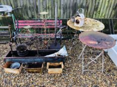 A GROUP OF VINTAGE METAL GARDEN SALVAGE ITEMS TO INCLUDE TWO GARDEN TABLES, BENCH,
