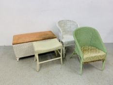 4 PIECES OF LLOYD LOOM OCCASIONAL FURNITURE TO INCLUDE OTTOMAN, STOOL AND 2 TUB CHAIRS.