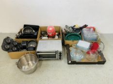 SIX BOXES CONTAINING GOOD QUALITY KITCHEN WARES TO INCLUDE PANS, BAKING TRAYS, PYREX,