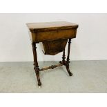 A VICTORIAN WALNUT VENEERED WORK TABLE WITH DRAWER ABOVE SLIDING BASKET AND TWO SECTION FOLDING TOP