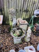 A GROUP OF GARDEN STONEWORK TO INCLUDE FEMALE STATUE HEAD A/F HEIGHT 110CM, PLYNTH,