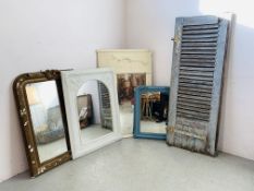 FOUR VARIOUS RELIEF DECORATED MIRRORS A/F CONDITION ALONG WITH A RUSTIC BLUE PAINTED SHUTTER DOOR