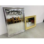 A MODERN CHROME FRAMED MIRROR 89CM X 64CM ALONG WITH CREAM AND GILT FRAMED MIRROR - 66CM X 56CM.