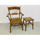 AN ANTIQUE ELM SEATED BAR BACK ELBOW CHAIR AND ELM SEAT STOOL