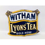 A VINTAGE "WITHAM LYONS' TEA SOLD HERE" ENAMEL ADVERTISING SIGN - W 56CM. H 46CM.