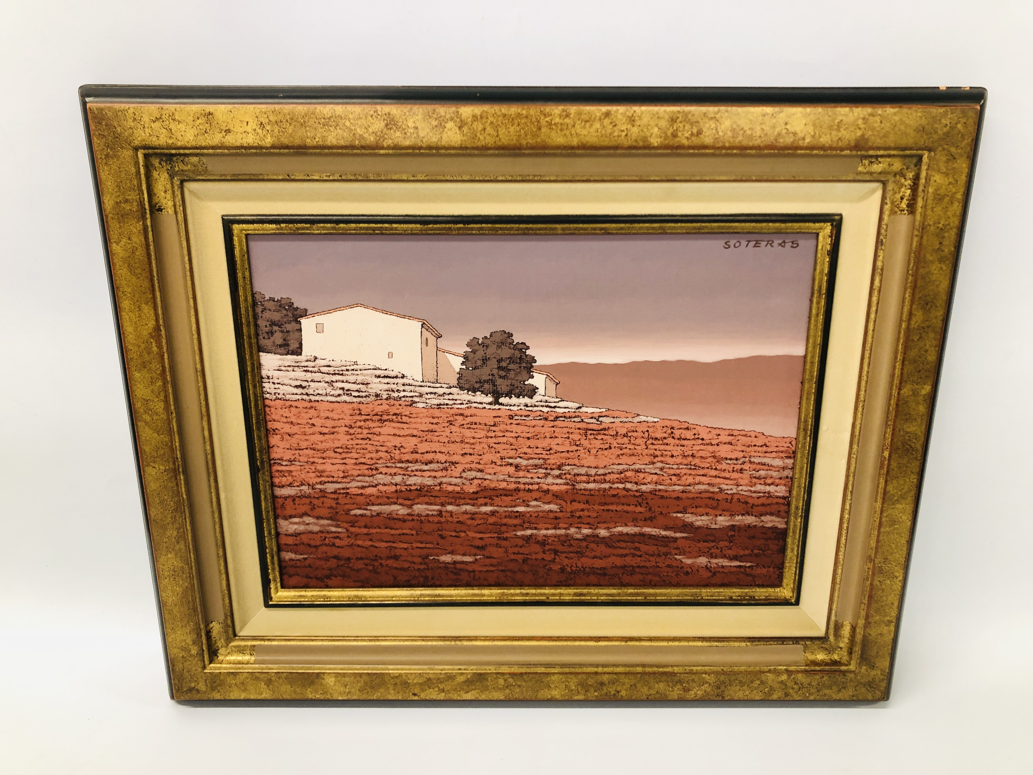 OIL ON CANVAS SPANISH HOUSE ON A HILL FRAMED AND MOUNTED BEARING SIGNATURE JORGE SORTERAS 44.