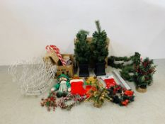 A QUANTITY OF CHRISTMAS DECORATIONS TO INCLUDE ILLUMINATED EFFECTS, ARTIFICIAL TREES AND WREATHS,