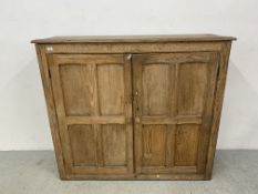 AN ANTIQUE STRIPPED PITCH PINE 2 DOOR CUPBOARD, SHELVED INTERIOR, W 142CM, D 42CM, H 123CM.