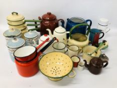 COLLECTION OF VINTAGE ENAMELLED KITCHENALIA TO INCLUDE TEAPOTS, SAUCEPANS, STORAGE TINS, JUGS,