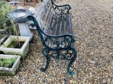 A CAST METAL END GARDEN BENCH WITH LION HEAD DETAIL FOR RESTORATION.