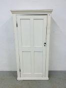 A VINTAGE PAINTED PINE CUPBOARD WITH SHELVED INTERIOR, W 78CM, D 33CM, H 154CM.