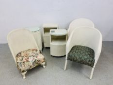 6 PIECES OF 1950'S WOVEN OCCASIONAL FURNITURE TO INCLUDE LINEN BOX, 2 BEDSIDE CABINETS AND 3 CHAIRS.