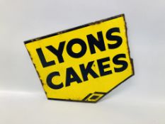 A VINTAGE LYONS CAKES ENAMEL ADVERTISING SIGN - YELLOW/BLACK - W 44CM. H 40CM.