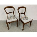 A PAIR OF VICTORIAN SIDE CHAIRS WITH HAND EMBROIDERED DROP IN SEATS.