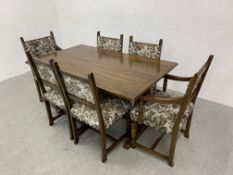 A OAK REFECTORY TABLE AND SET OF SIX DINING CHAIRS (4 SIDE + 2 CARVER) TABLE W 91CM. D 153CM.