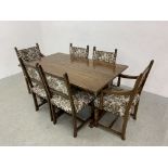 A OAK REFECTORY TABLE AND SET OF SIX DINING CHAIRS (4 SIDE + 2 CARVER) TABLE W 91CM. D 153CM.