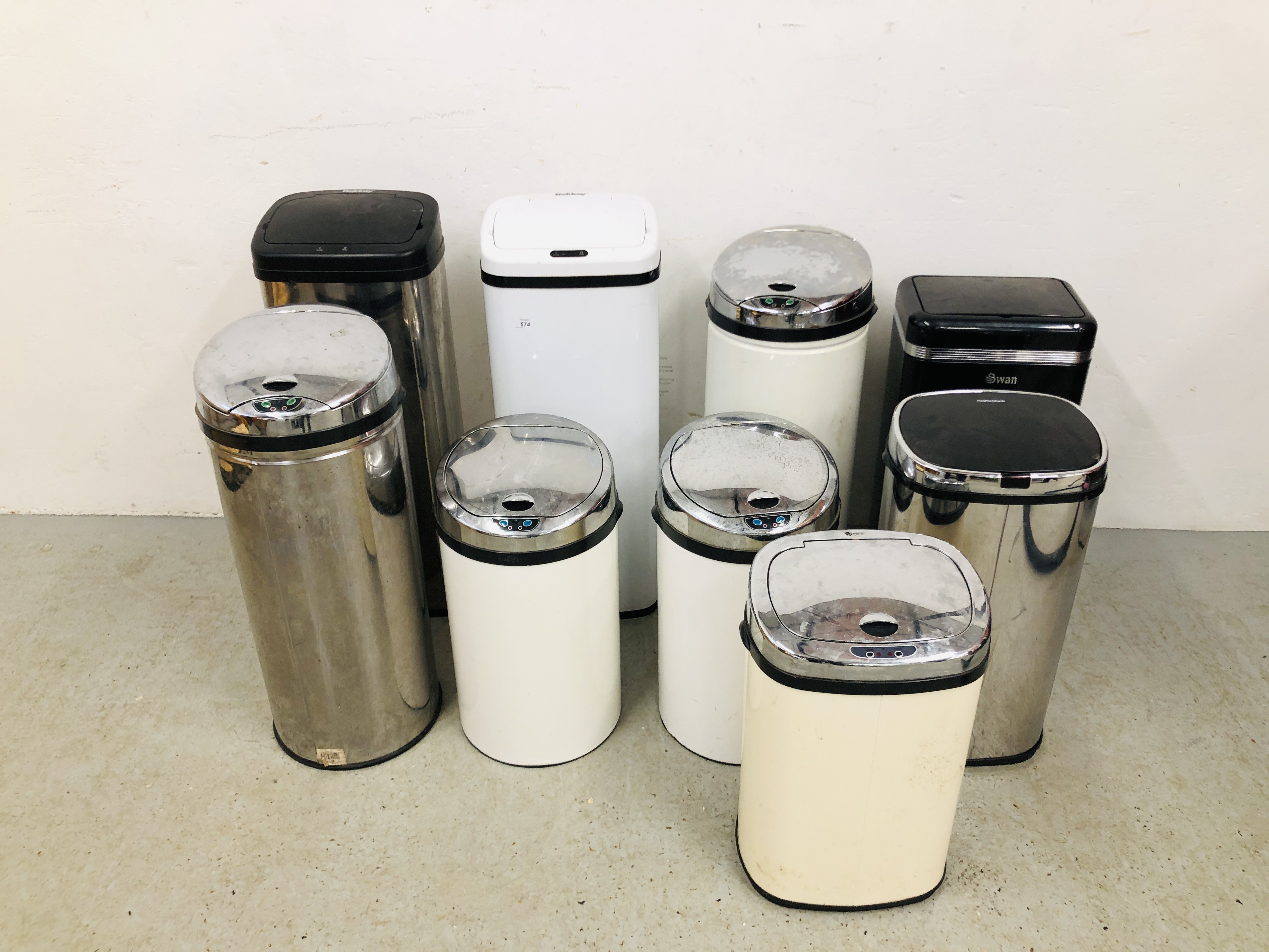 NINE VARIOUS WASTE BINS WITH ELECTRIC OPENING LIDS