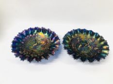 2 CARNIVAL GLASS PEACOCK BOWLS 9 INCHES IN DIAMETER