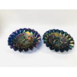 2 CARNIVAL GLASS PEACOCK BOWLS 9 INCHES IN DIAMETER