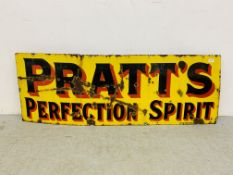 A VINTAGE ENAMELLED "PRATT'S PERFECTION SPIRIT" ADVERTISING SIGN, W 132CM, H 46CM.