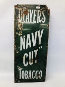 A VINTAGE PLAYER'S NAVY CUT TOBACCO ENAMEL ADVERTISING SIGN, GREEN GROUND WHITE LETTERING - W 38CM.