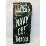 A VINTAGE PLAYER'S NAVY CUT TOBACCO ENAMEL ADVERTISING SIGN, GREEN GROUND WHITE LETTERING - W 38CM.