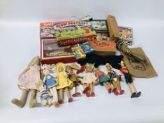 BOX OF MIXED VINTAGE TOYS AND GAMES TO INCLUDE WOODEN DOLLS, BUILDING BLOCKS, TIDDLY WINKS,