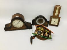 3 CLOCKS AND BAROMETER TO INCLUDE CUCKOO CLOCK A/F