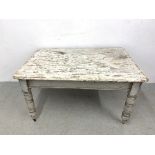 AN ANTIQUE PINE KITCHEN TABLE, TURNED LEGS, SINGLE DRAWER TO END, PAINTED SHABBY CHIC FINISH,