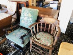 HIGHLY CARVED ANTIQUE ELBOW CHAIR FOR RESTORATION AND SPINDLE TURNED SMOKERS CHAIR FOR RESTORATION