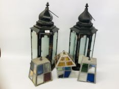 A PAIR OF VINTAGE CANDLE LANTERNS AND 3 LEAD AND STAIN GLASS HANGING LIGHTS