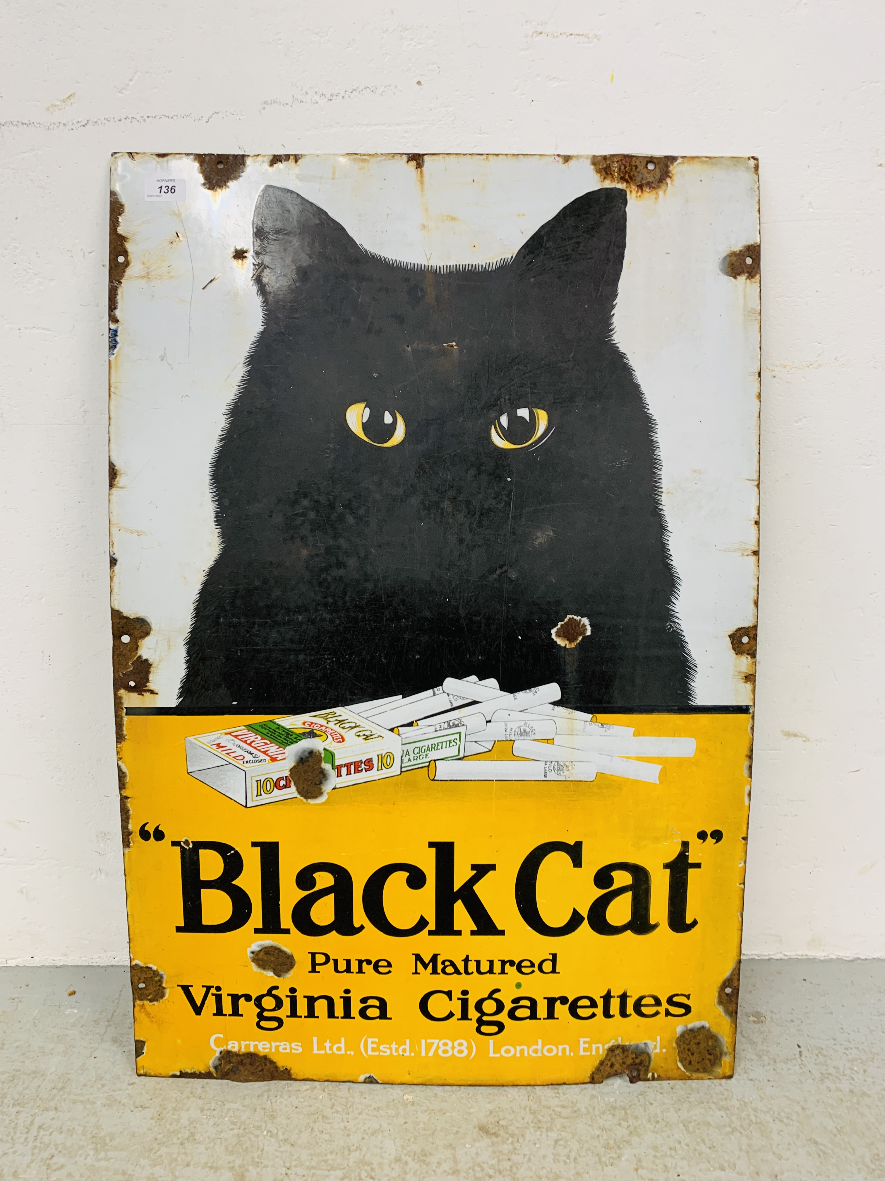 A VINTAGE ENAMELLED "BLACK CAT" PURE MATURED VIRGINIA CIGARETTES ADVERTISING SIGN, W 61CM, H 91CM.