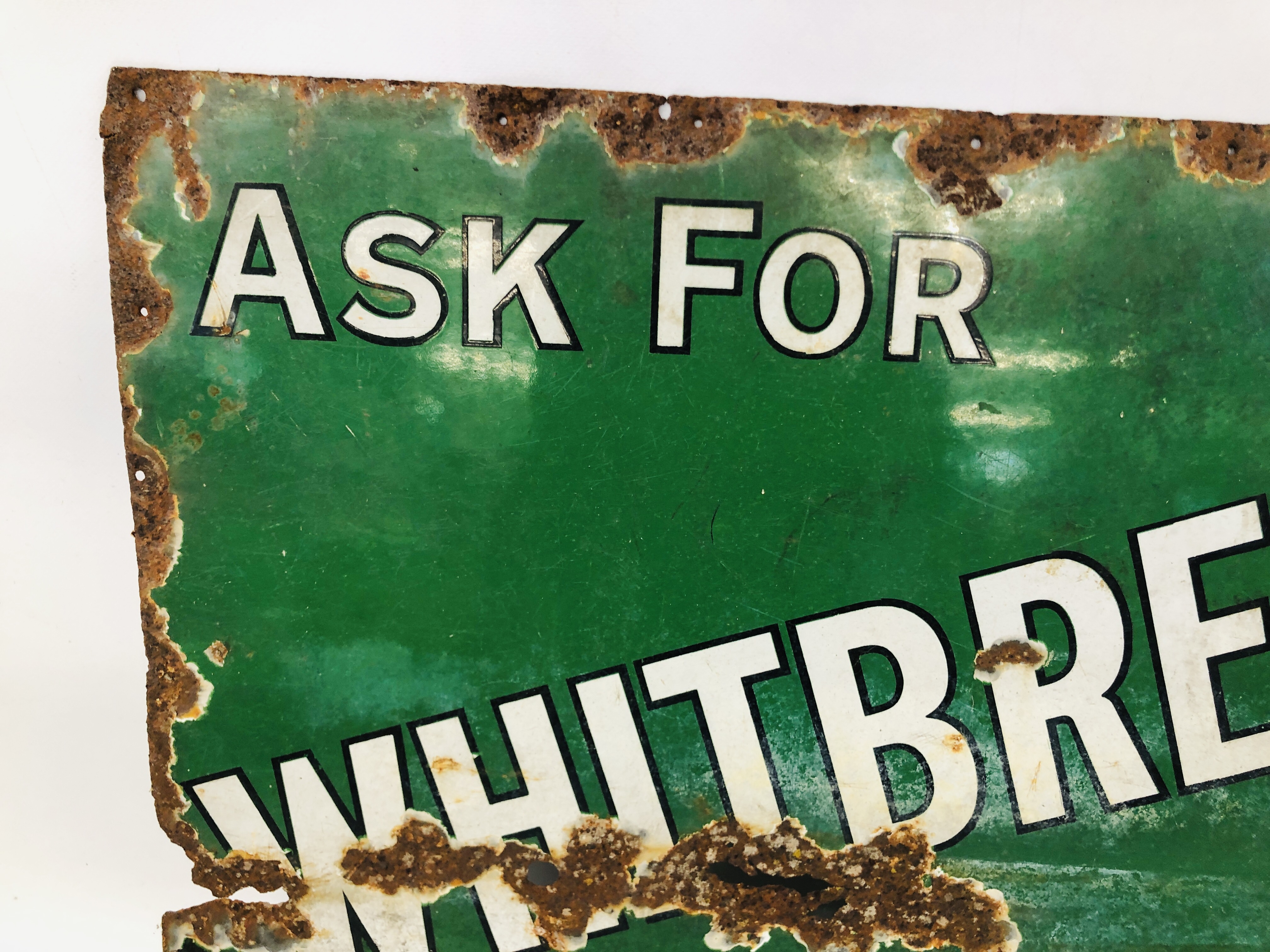 A VINTAGE "ASK FOR WHITBREAD STOUT AND ALE" ENAMEL ADVERTISING SIGN - W 69CM. H 53CM. - Image 2 of 6