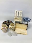A COLLECTION OF DECORATIVE EFFECTS TO INCLUDE PAIR OF SPANISH STORAGE JARS,