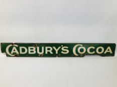 A VINTAGE GREEN "CADBURY'S COCOA" ENAMEL ADVERTISING SIGN - GREEN GROUND WHITE LETTERING - W 122CM,
