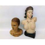 2 VINTAGE SHOP DISPLAY MANIKIN BUSTS "A MANNING HAT" & "RAVI D.W.