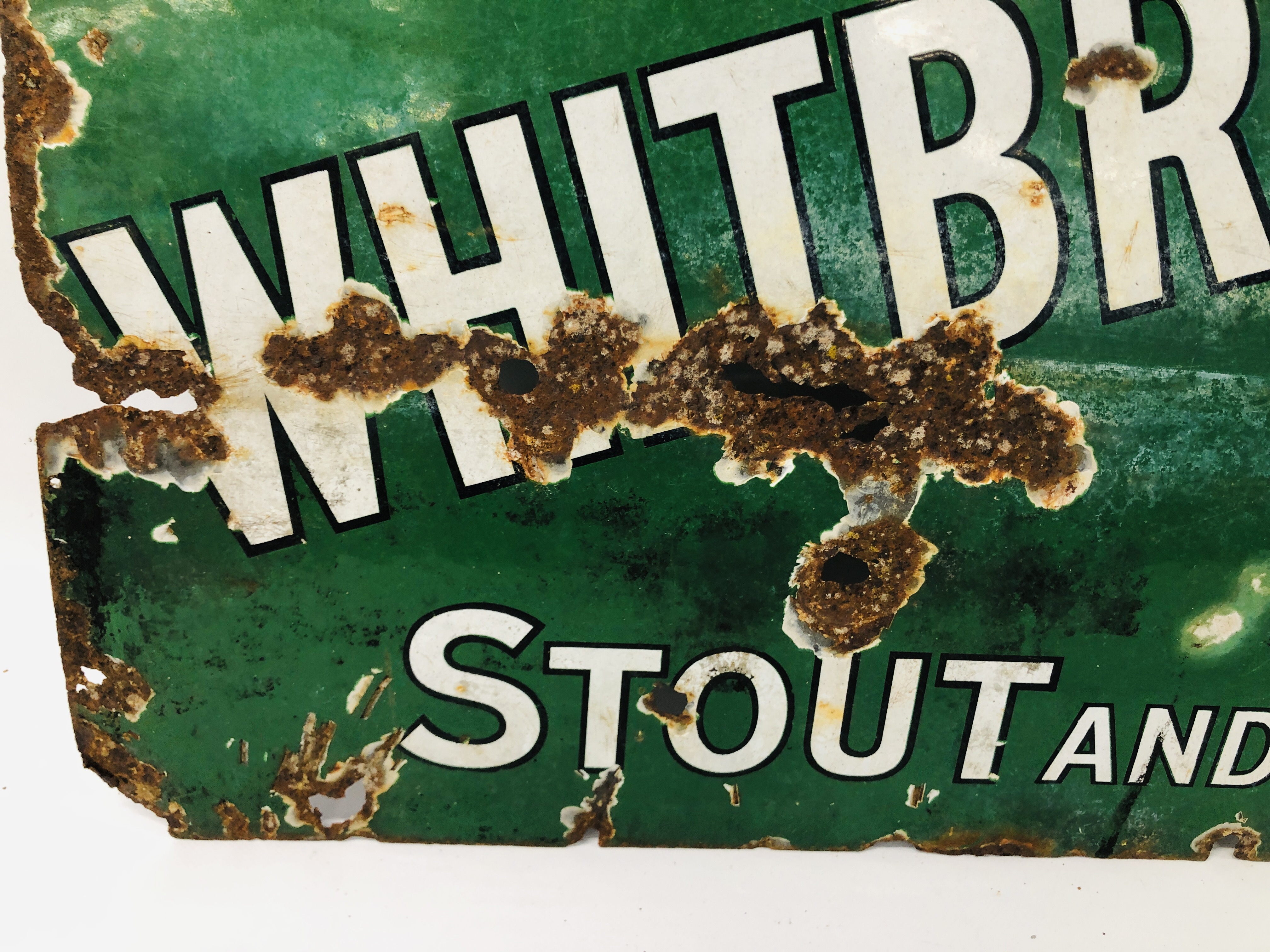 A VINTAGE "ASK FOR WHITBREAD STOUT AND ALE" ENAMEL ADVERTISING SIGN - W 69CM. H 53CM. - Image 5 of 6