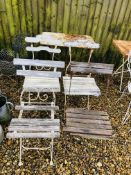FOUR VINTAGE WROUGHT METAL FOLDING GARDEN CHAIRS AND FOLDING METAL GARDEN TABLE.