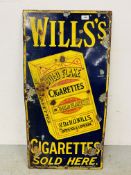 A VINTAGE "WILLS GOLD FLAKE CIGARETTES" ENAMEL ADVERTISING SIGN, W 46CM, H 91CM.