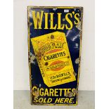 A VINTAGE "WILLS GOLD FLAKE CIGARETTES" ENAMEL ADVERTISING SIGN, W 46CM, H 91CM.