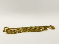 A YELLOW METAL BELCHER LINK GUARD CHAIN, THE ORNATE BOX CLASP SET WITH GREEN STONES - LENGTH 116CM.