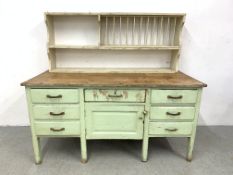 A RUSTIC PINE SHABBY CHIC SEVEN DRAWER DRESSER BASE WITH ASSOCIATED PAINTED PINE PLATE RACK,
