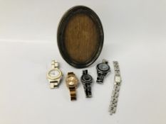 FOUR VARIOUS STORM BRACELET WATCHES AND DKNY BRACELET WATCH AND SILVER OVAL PHOTO FRAME - HEIGHT