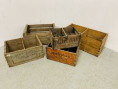 5 VINTAGE ADVERTISING CRATES TO INCLUDING LIBERTY BRAND PURE LORD, BABYCHAM, WATNEY MANN,