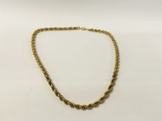 A 9CT GOLD ROPE NECKLACE LENGTH 52CM.