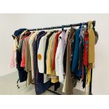 A RAIL CONTAINING ASSORTED GOOD QUALITY GENTS AND LADIES CLOTHING TO INCLUDE JACKETS, TIES,